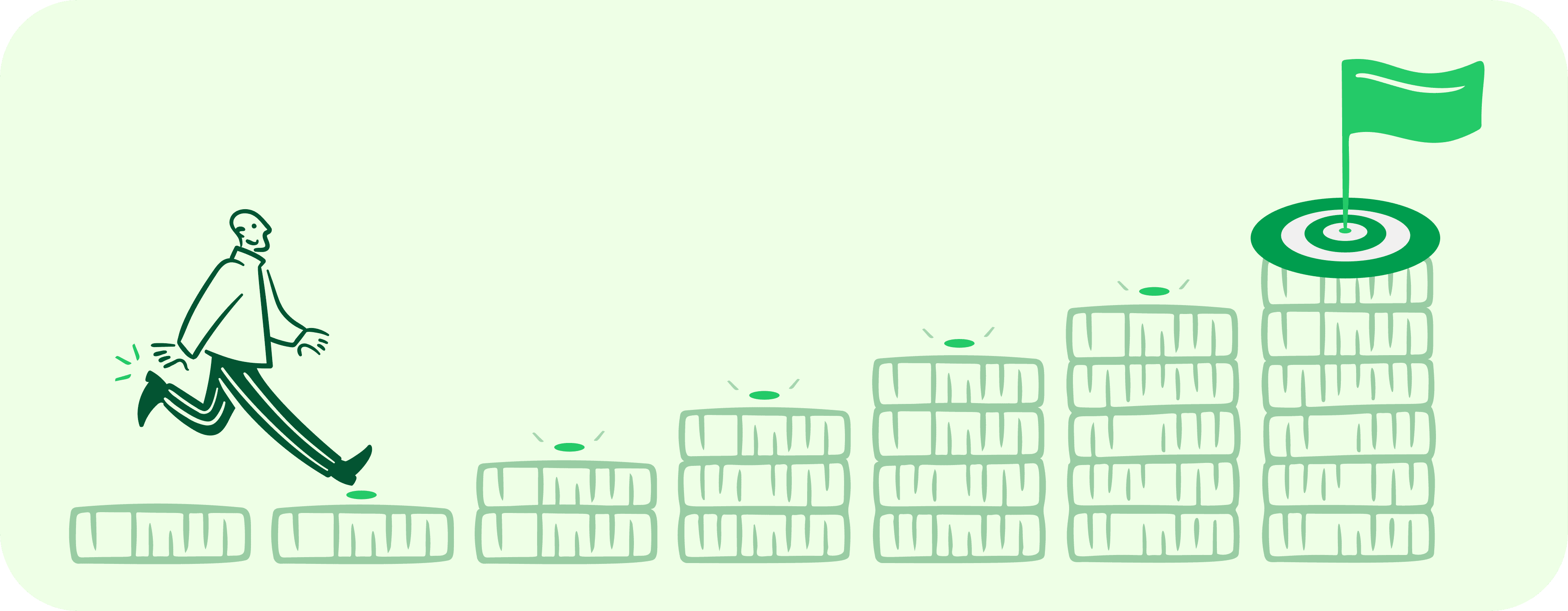 Ilustração de uma pessoa correndo e pulando sobre pilhas de moedas que aumentam de tamanho progressivamente, simbolizando crescimento financeiro até alcançar um alvo com bandeira no topo.